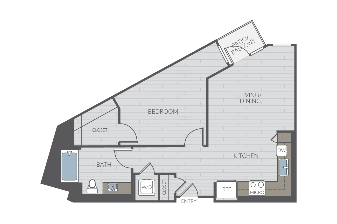 One bedroom floor plan layout. Includes one bathroom and washer/dryer.