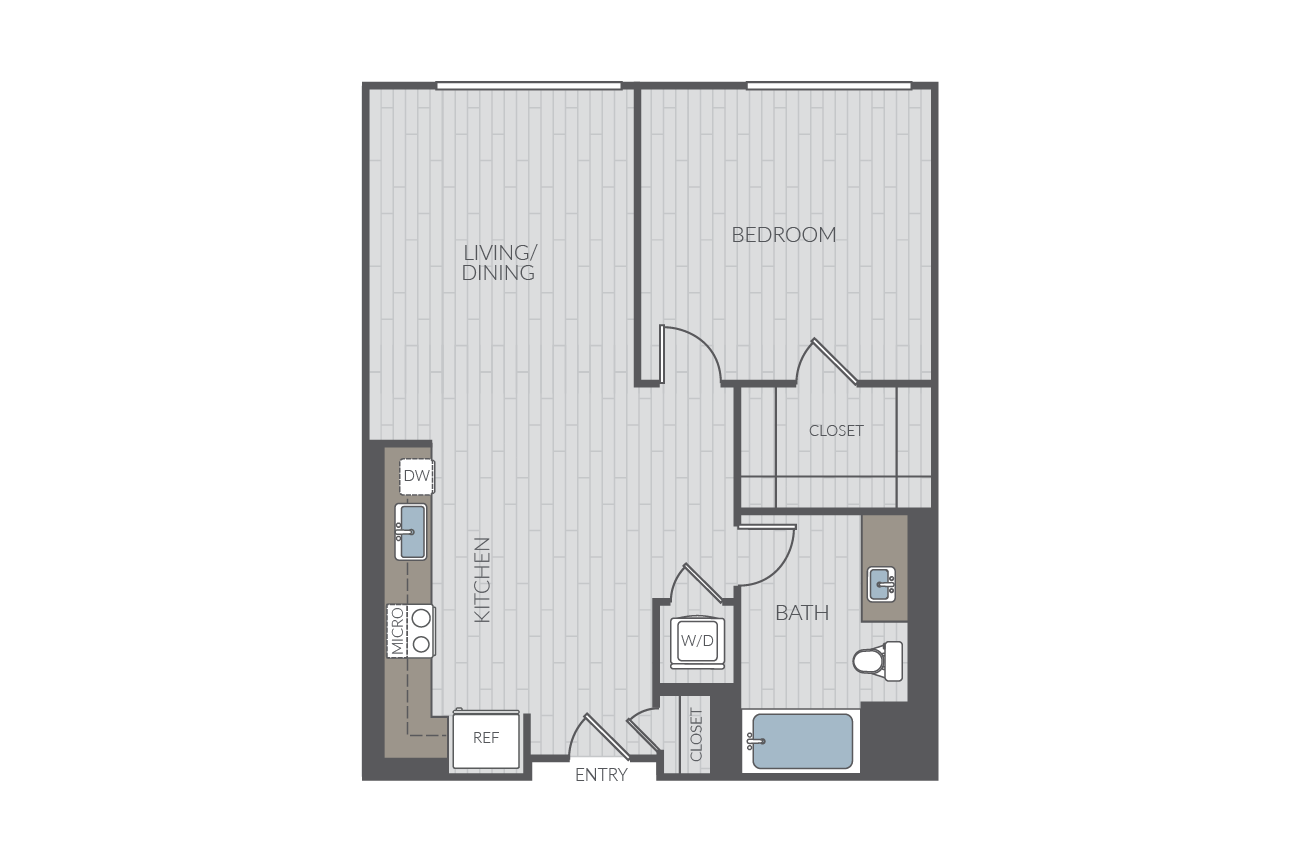 One bedroom floor plan layout. Includes one bathroom and washer/dryer.