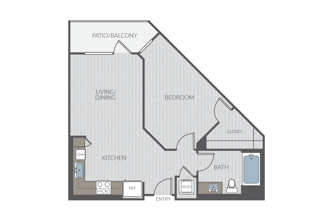 One bedroom floor plan layout. Includes one bathroom and washer/dryer.