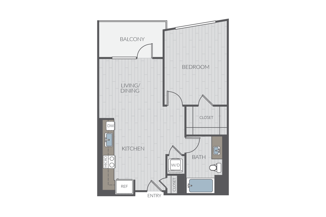 One bedroom floor plan layout. Includes one bathroom and washer/dryer.