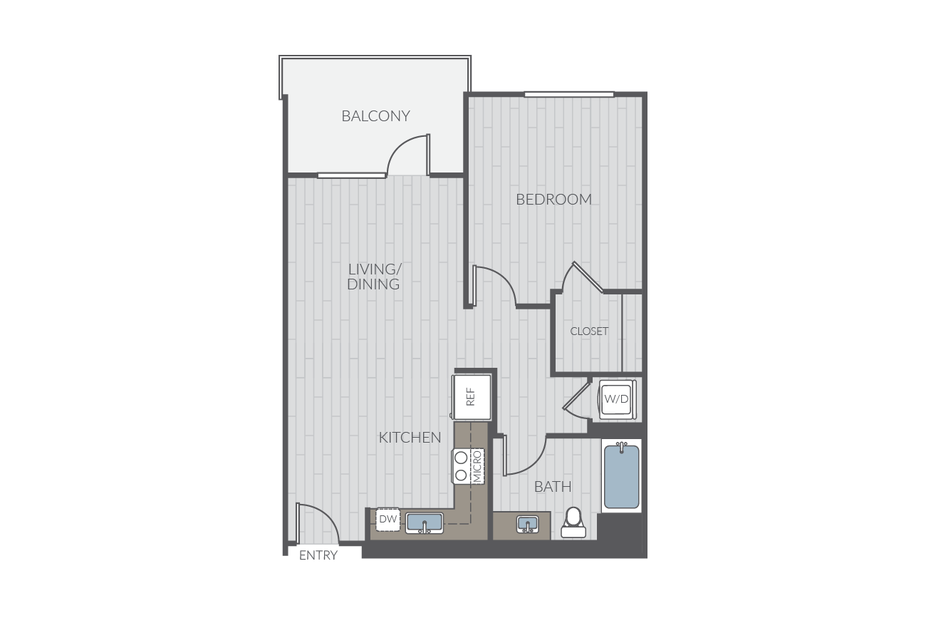 One bedroom floor plan layout. Includes one bathroom and washer/dryer.