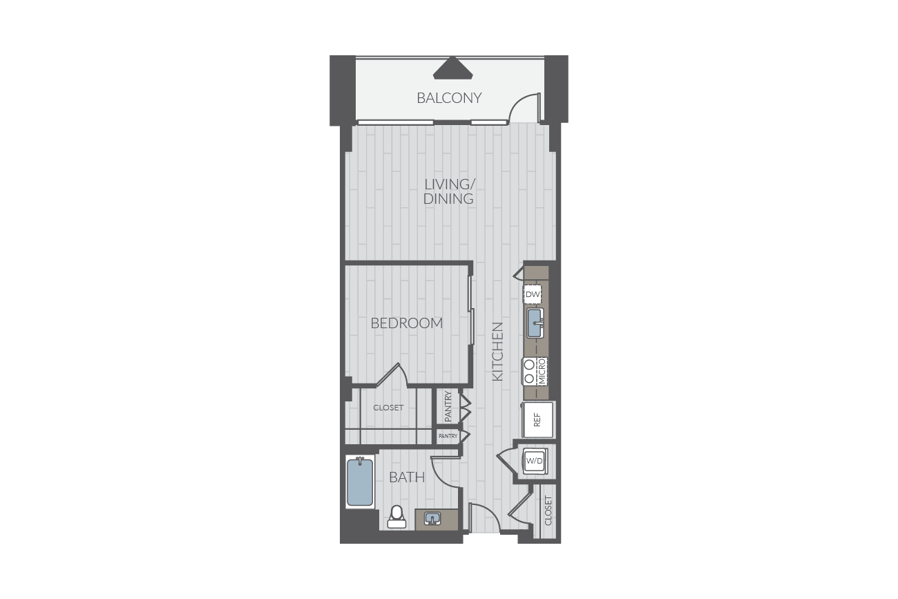 One bedroom floor plan layout. Includes one bathroom and washer/dryer.