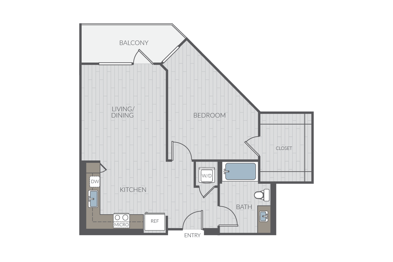 One bedroom floor plan layout. Includes one bathroom and washer/dryer.
