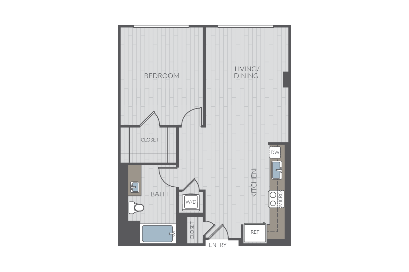 One bedroom floor plan layout. Includes one bathroom and washer/dryer.