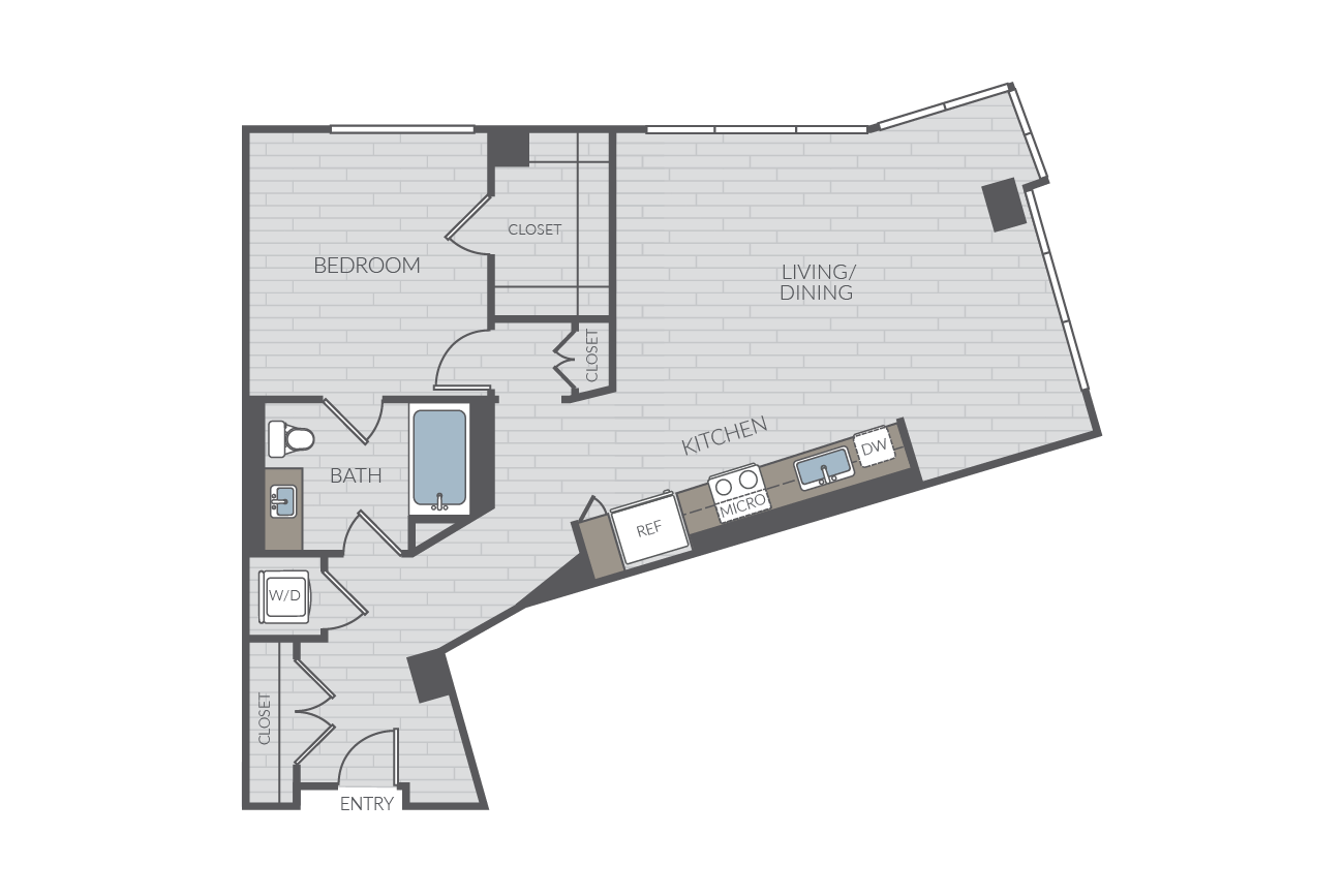 One bedroom floor plan layout. Includes one bathroom and washer/dryer.