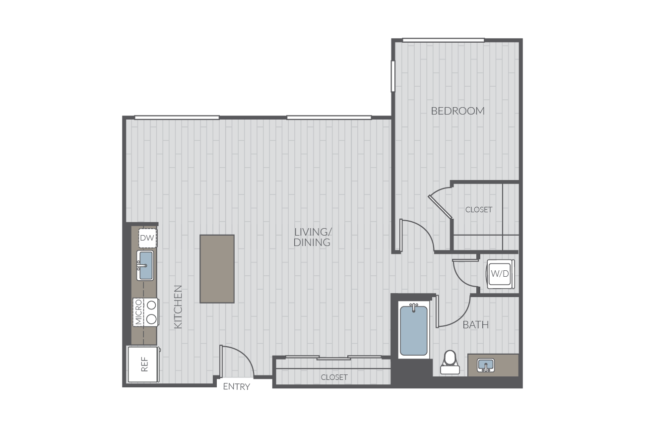 One bedroom floor plan layout. Includes one bathroom and washer/dryer.
