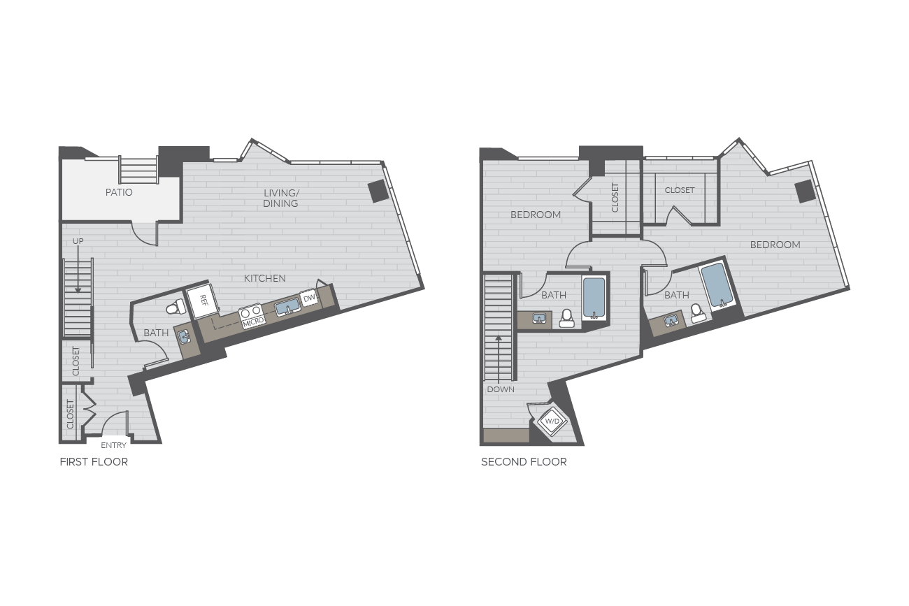 Two bedroom floor plan layout. Includes two bathrooms and washer/dryer.