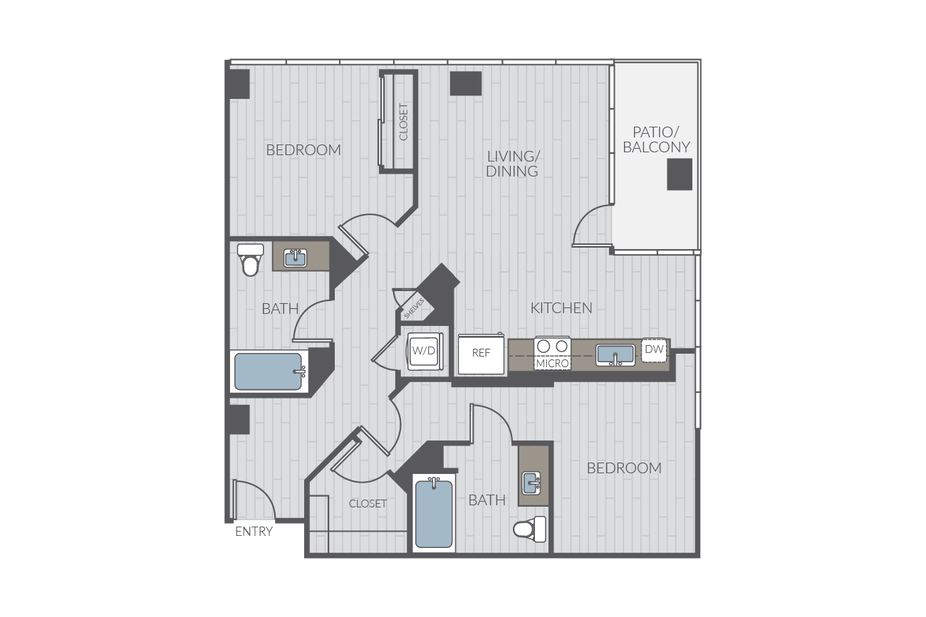 Two bedroom floor plan layout. Includes two bathrooms and washer/dryer.