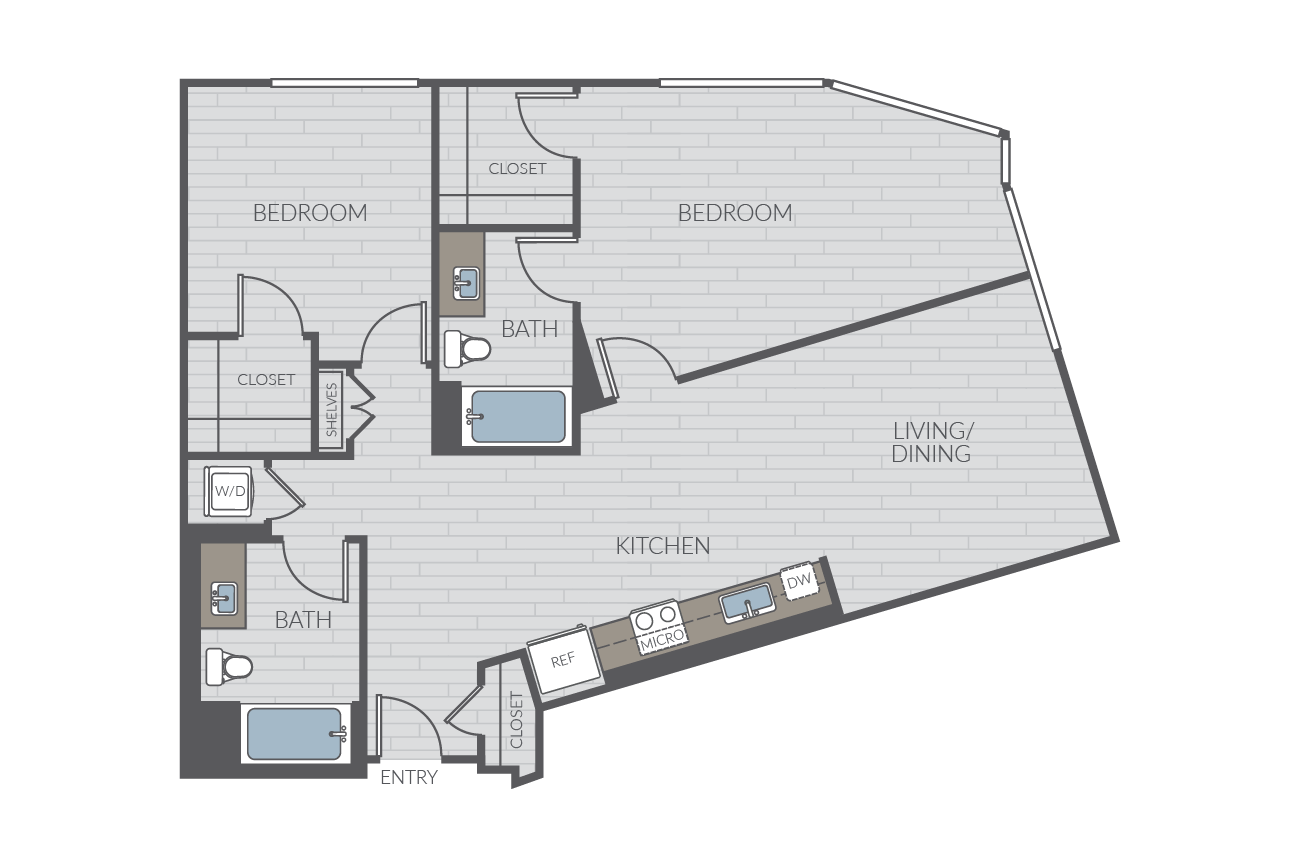 Two bedroom floor plan layout. Includes two bathrooms and washer/dryer.