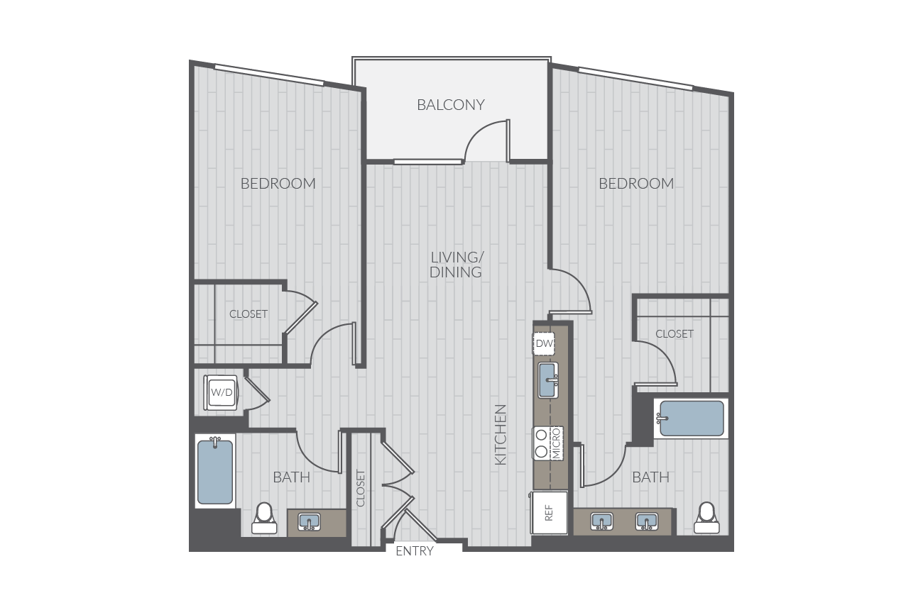 Two bedroom floor plan layout. Includes two bathrooms and washer/dryer.