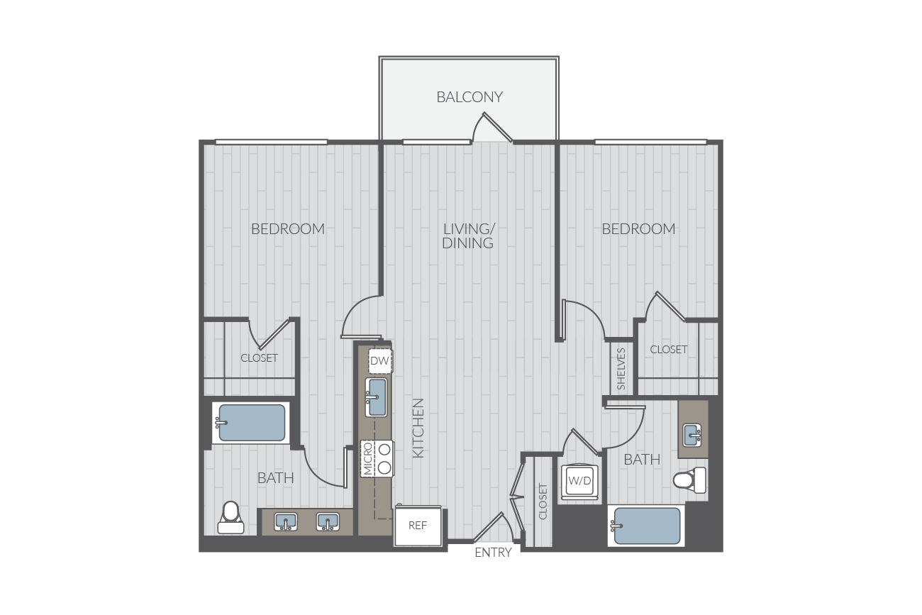 Two bedroom floor plan layout. Includes two bathrooms and washer/dryer.