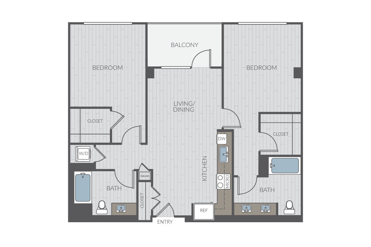 Two bedroom floor plan layout. Includes two bathrooms and washer/dryer.