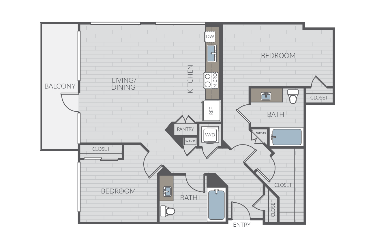 Two bedroom floor plan layout. Includes two bathrooms and washer/dryer.