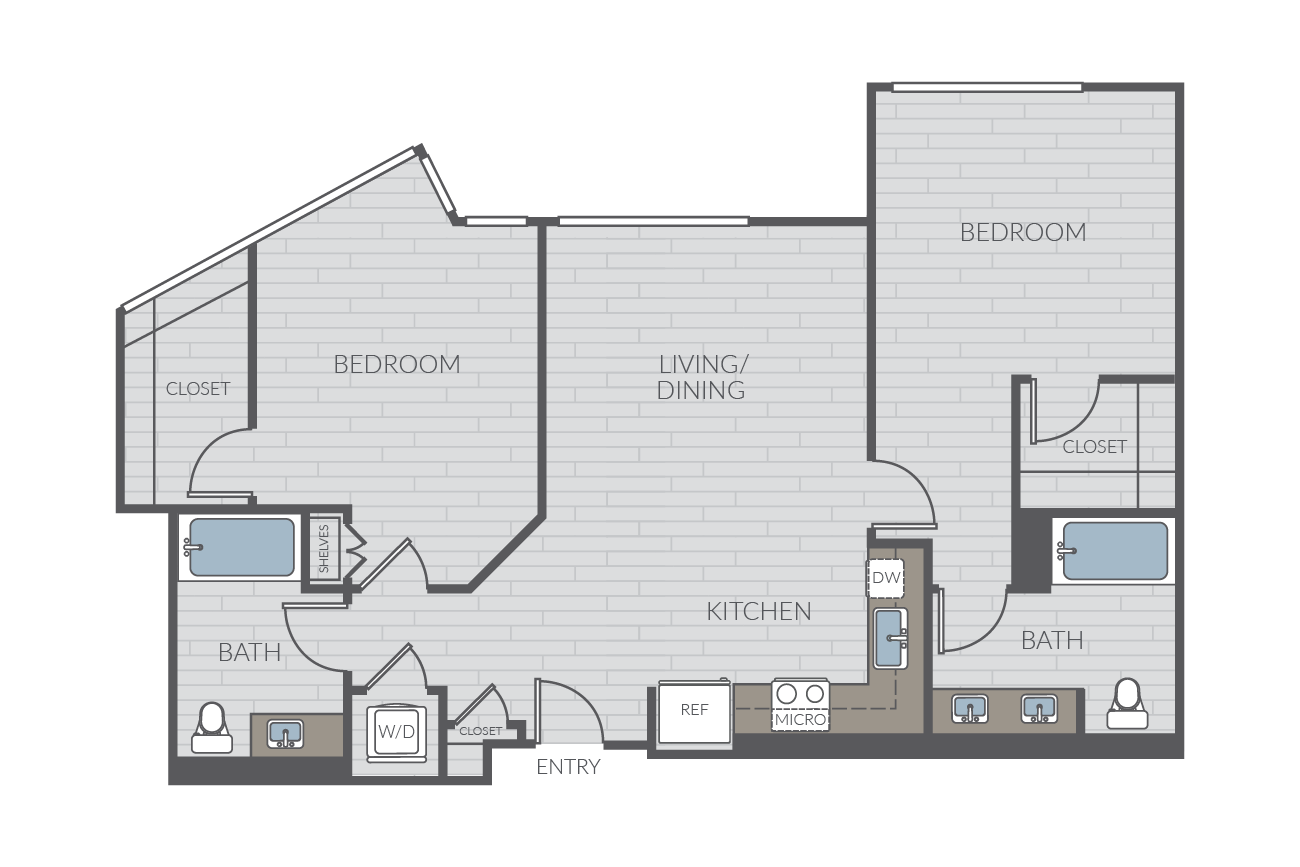 Two bedroom floor plan layout. Includes two bathrooms and washer/dryer.