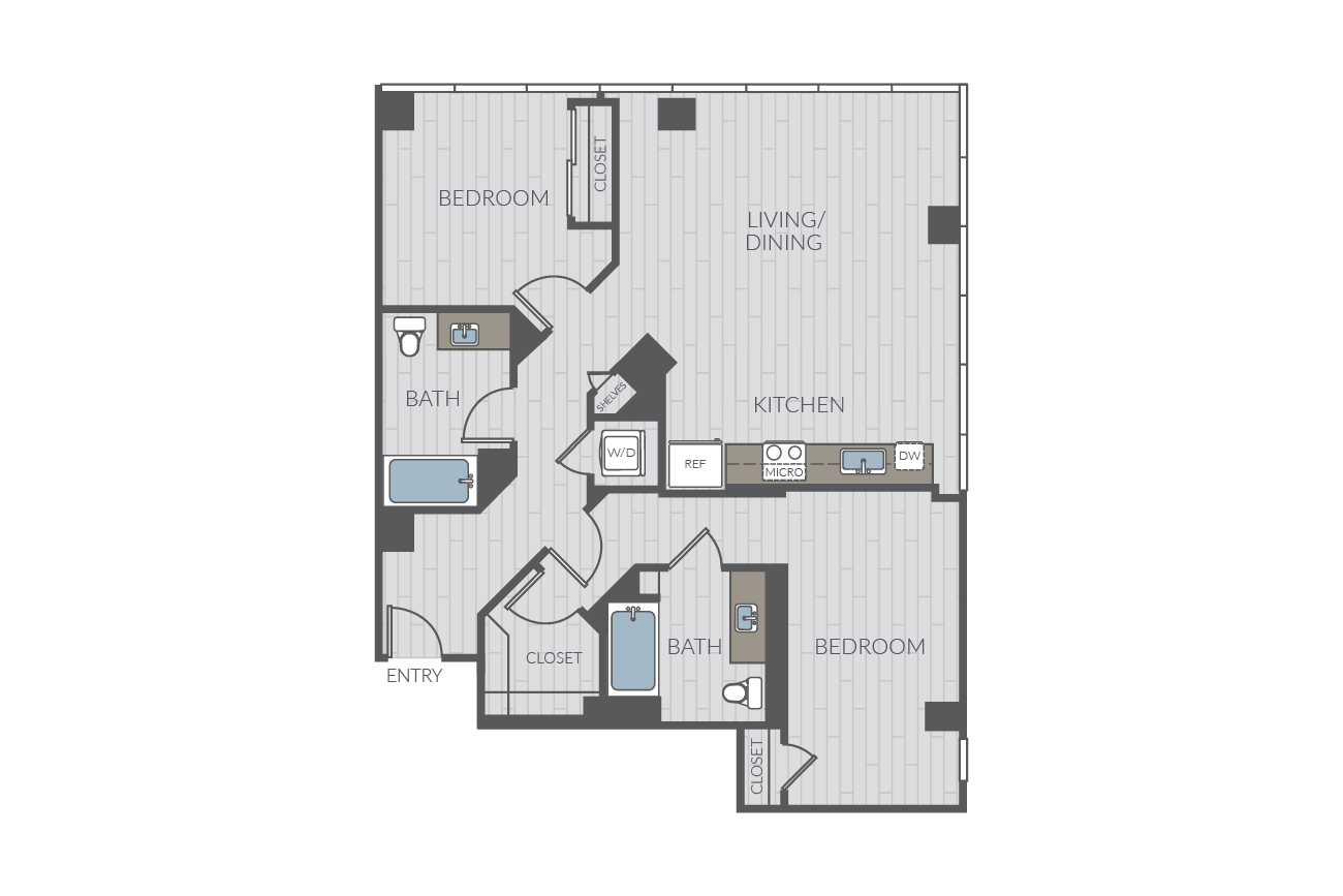 Two bedroom floor plan layout. Includes two bathrooms and washer/dryer.