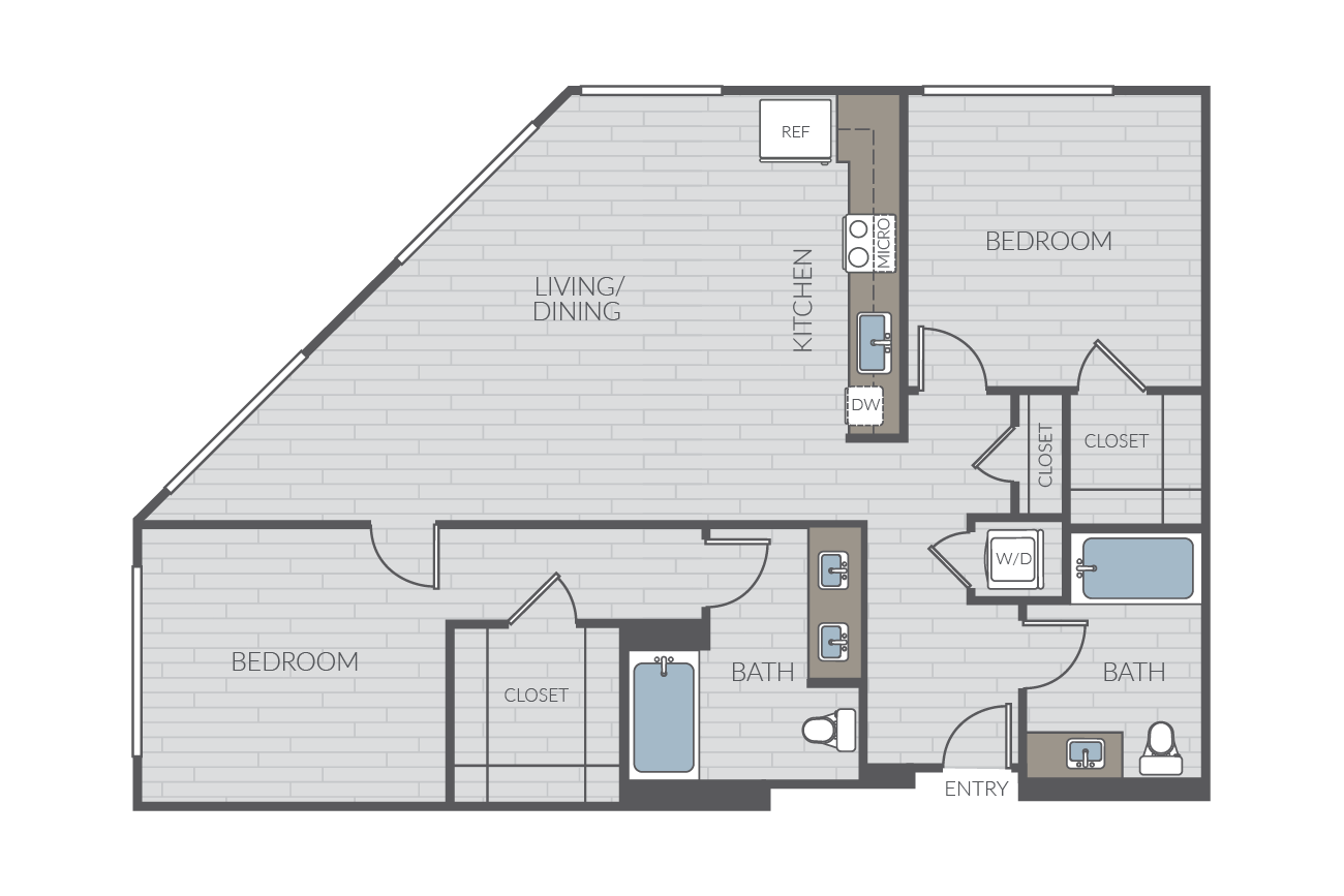 Two bedroom floor plan layout. Includes two bathrooms and washer/dryer.