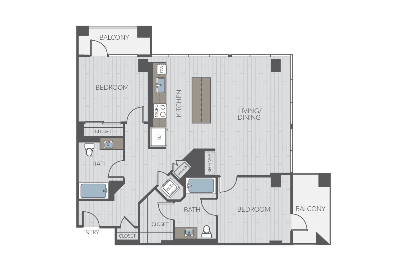 Two bedroom floor plan layout. Includes two bathrooms and washer/dryer.