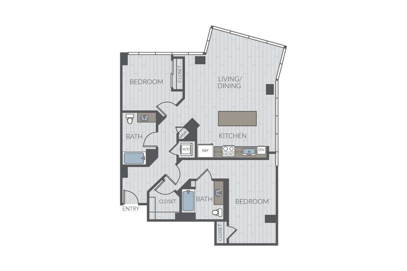 Two bedroom floor plan layout. Includes two bathrooms and washer/dryer.