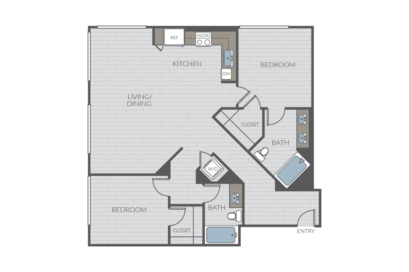 Two bedroom floor plan layout. Includes two bathrooms and washer/dryer.