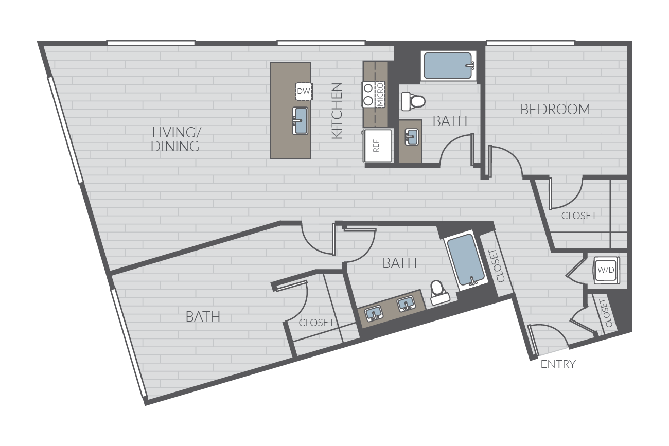 Two bedroom floor plan layout. Includes two bathrooms and washer/dryer.