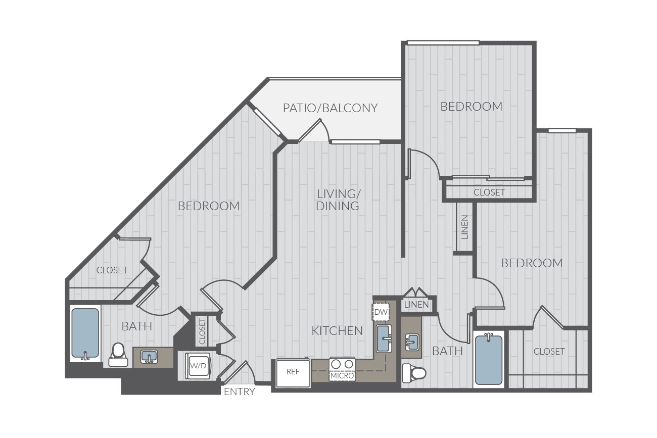 Three bedroom floor plan layout. Includes two bathrooms and washer/dryer.