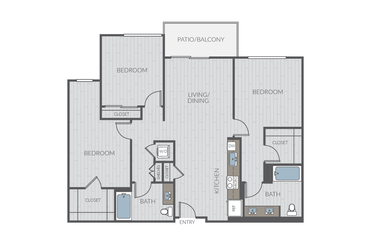 Three bedroom floor plan layout. Includes two bathrooms and washer/dryer.