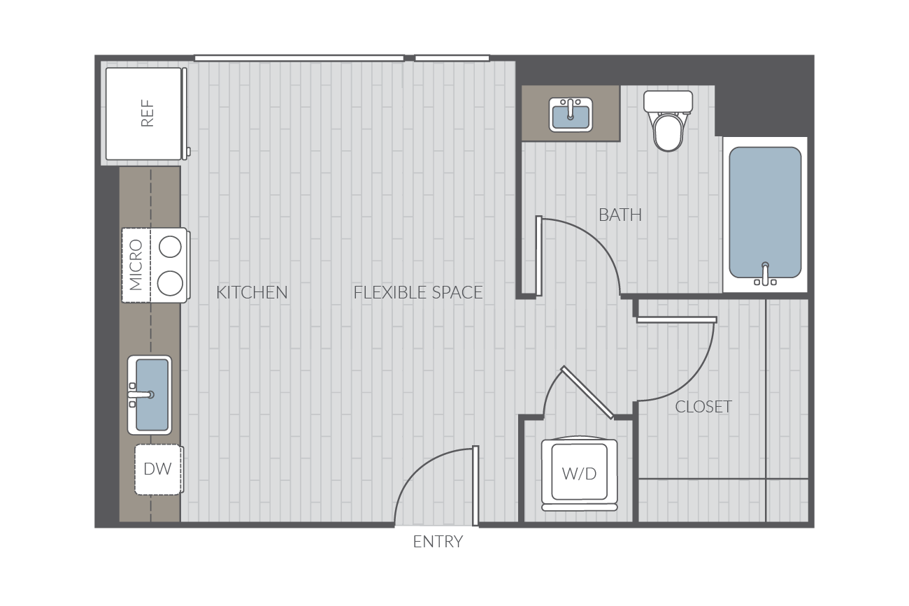 Studio apartment floor plan layout. Includes kitchen, one bathroom and washer/dyrer