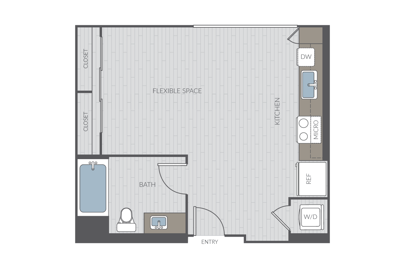 Studio apartment floor plan layout. Includes kitchen, one bathroom and washer/dyrer