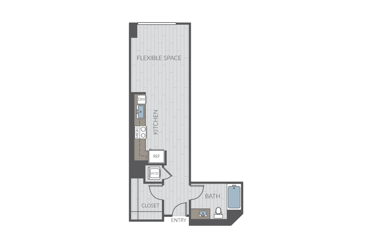 Studio apartment floor plan layout. Includes kitchen, one bathroom and washer/dyrer