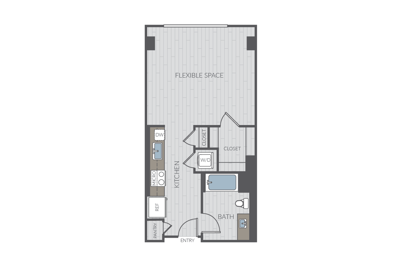Studio apartment floor plan layout. Includes kitchen, one bathroom and washer/dyrer