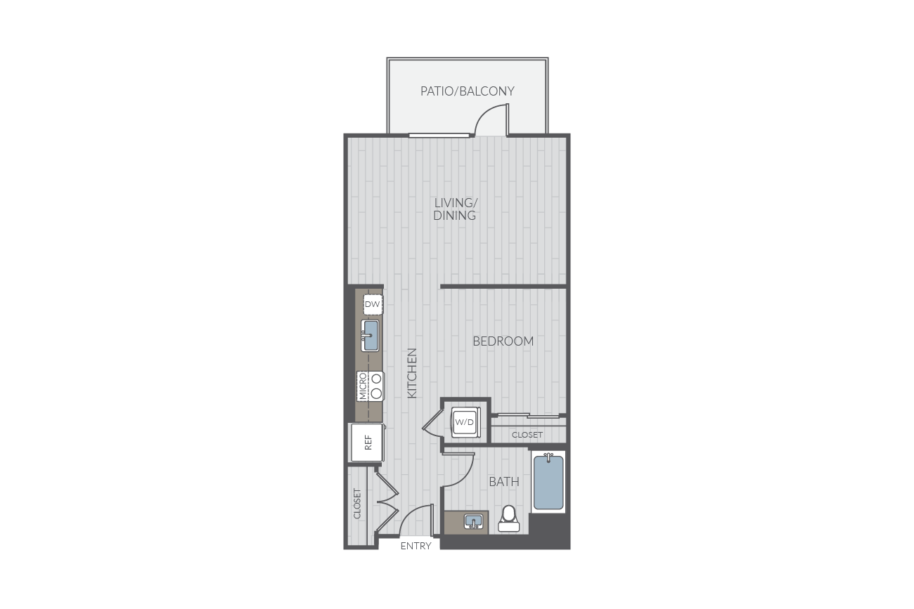 Studio apartment floor plan layout. Includes kitchen, one bathroom and washer/dyrer