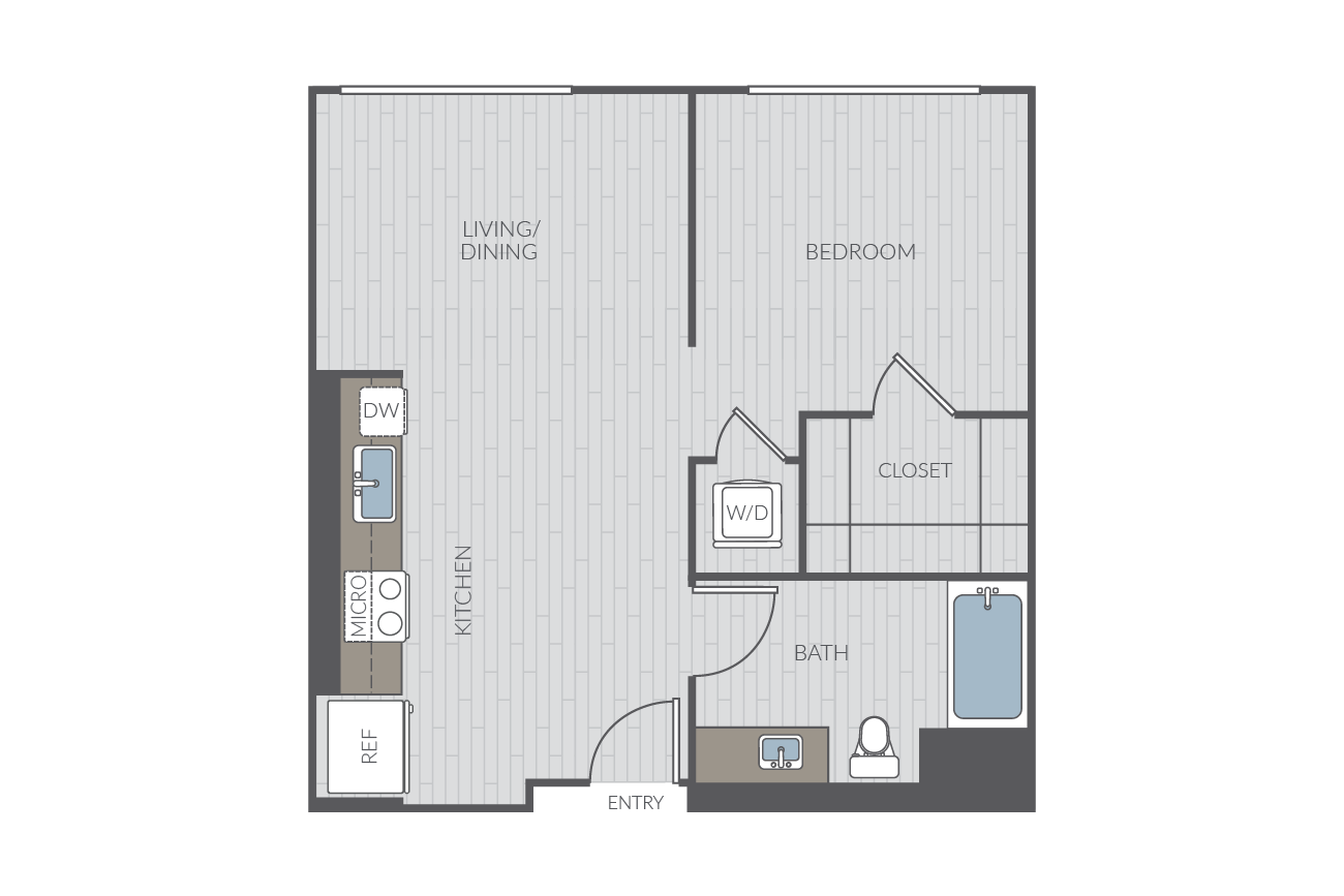 Studio apartment floor plan layout. Includes kitchen, one bathroom and washer/dyrer