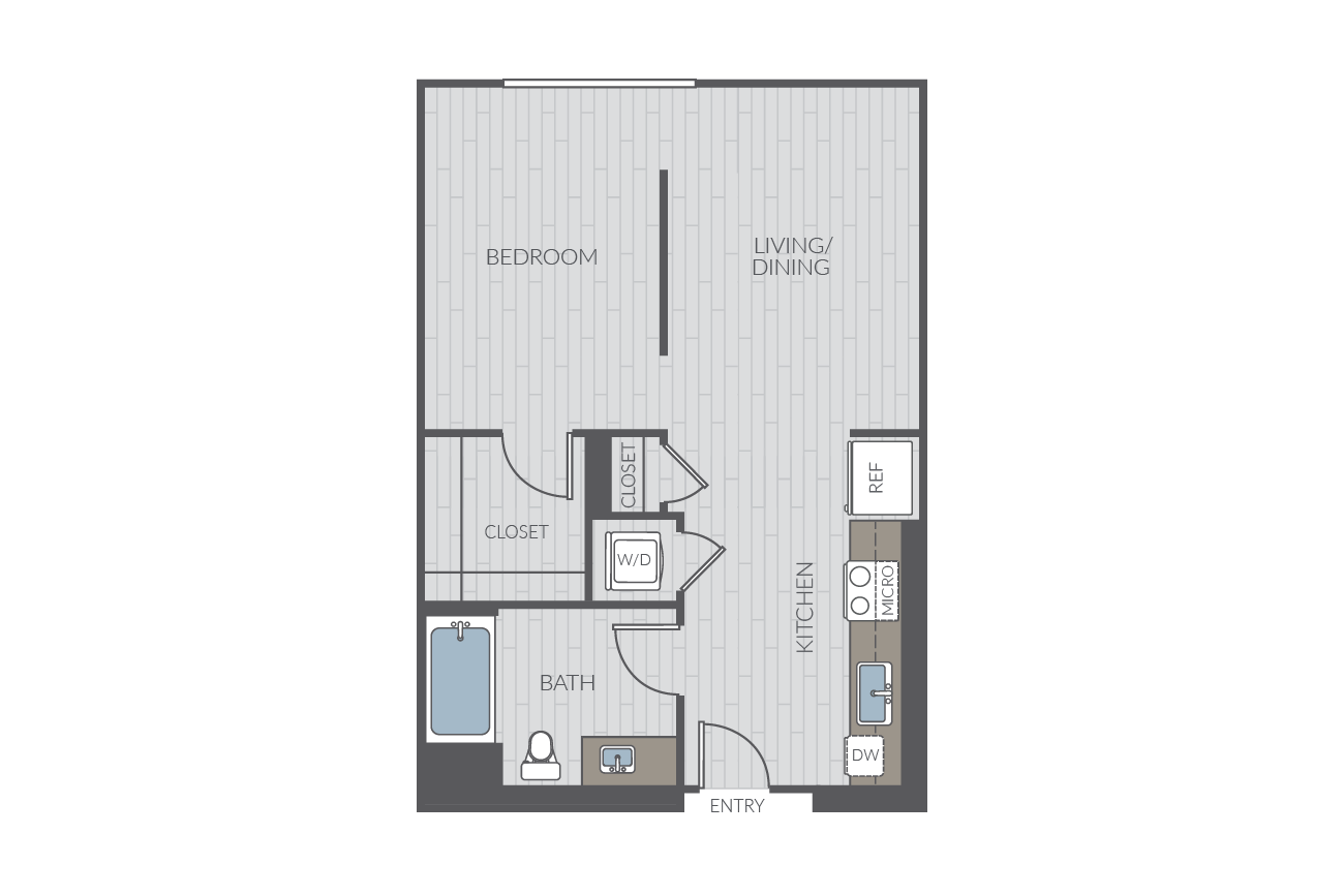 Studio apartment floor plan layout. Includes kitchen, one bathroom and washer/dyrer