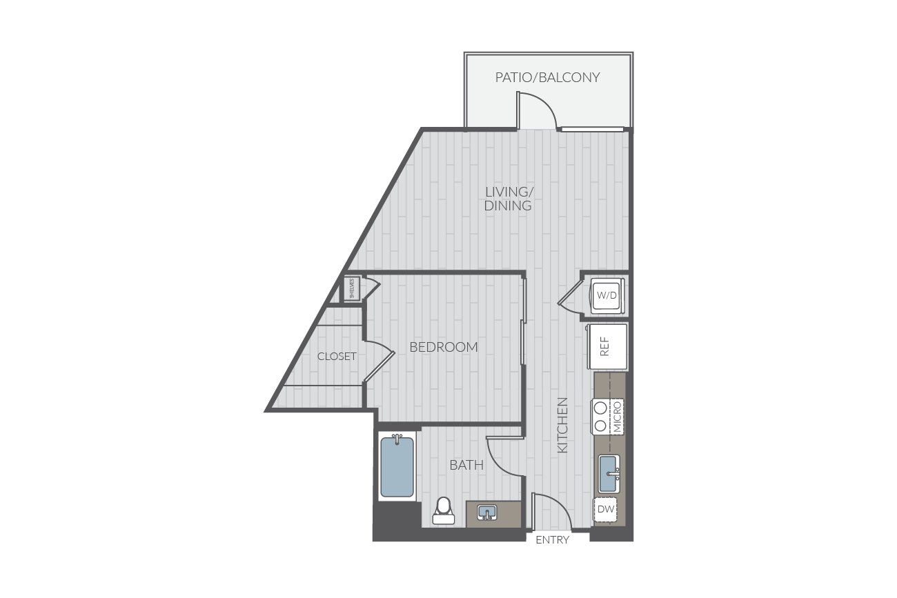 Studio apartment floor plan layout. Includes kitchen, one bathroom and washer/dyrer