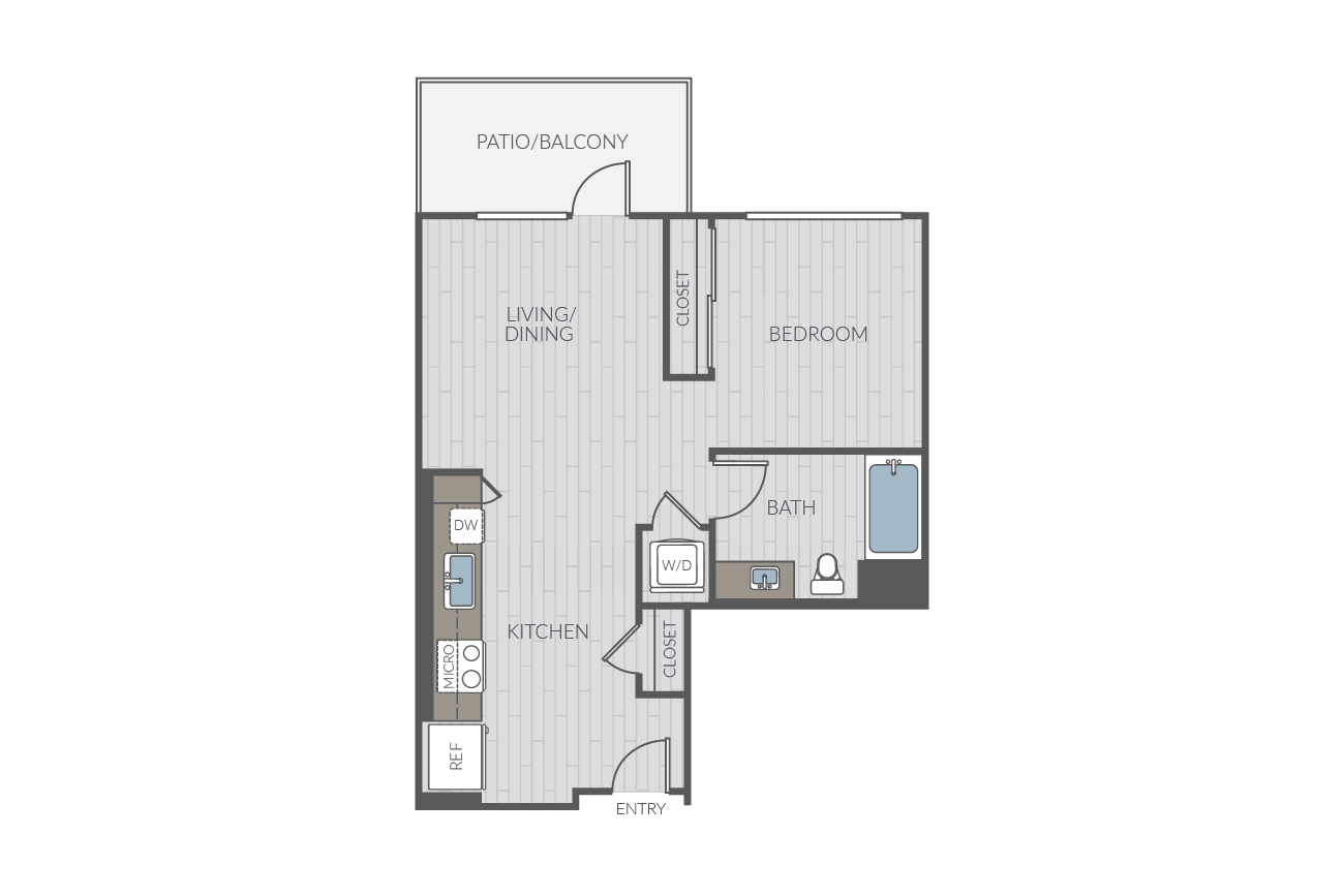 Studio apartment floor plan layout. Includes kitchen, one bathroom and washer/dyrer