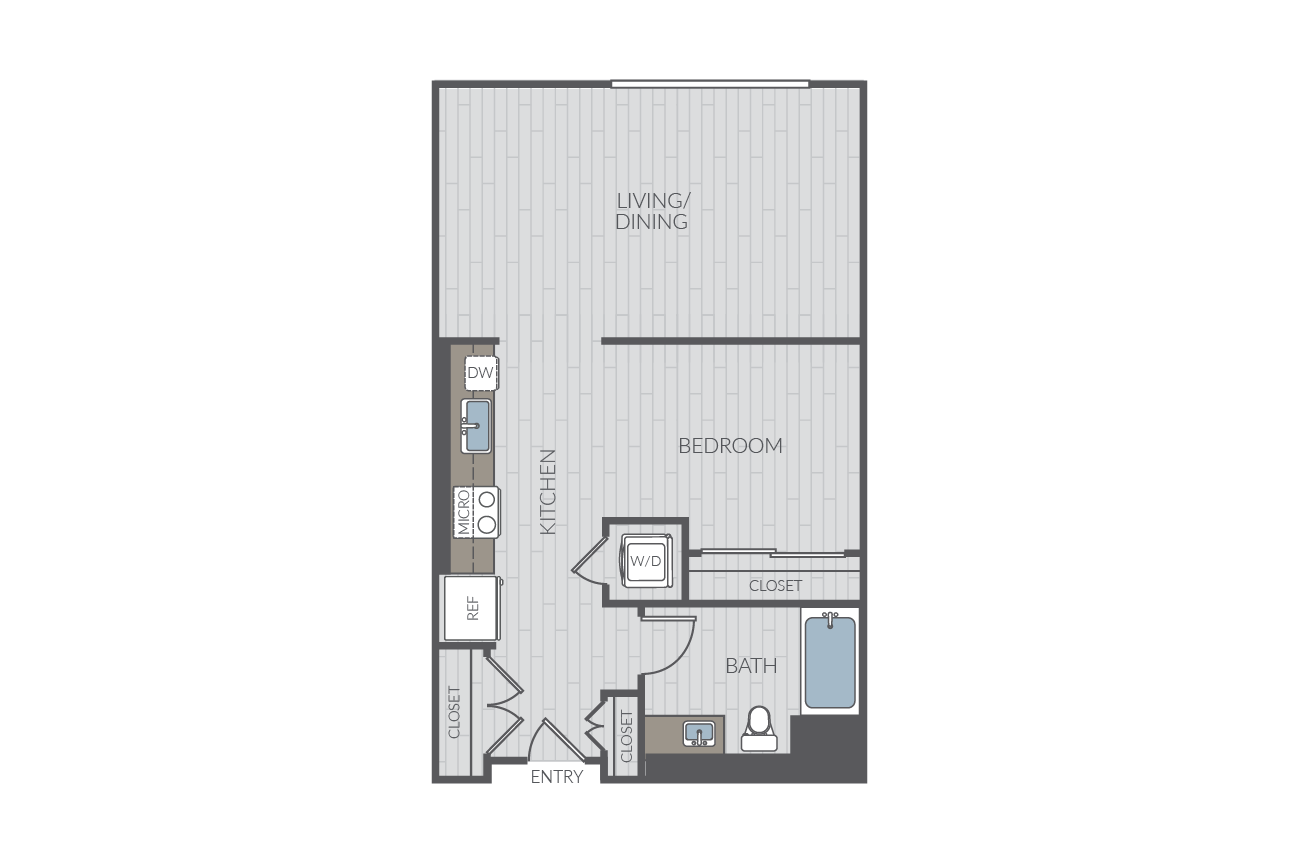 Studio apartment floor plan layout. Includes kitchen, one bathroom and washer/dyrer