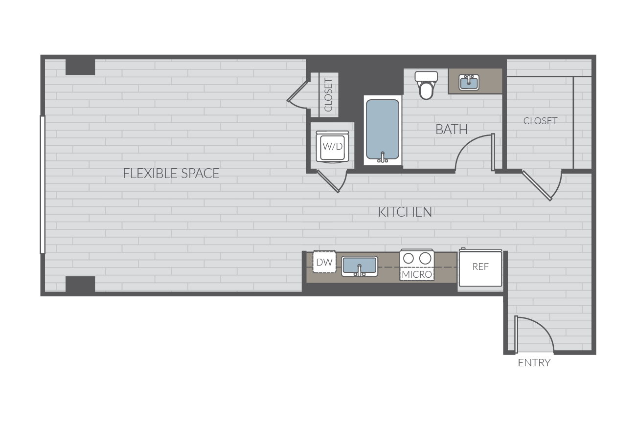 Studio apartment floor plan layout. Includes kitchen, one bathroom and washer/dyrer