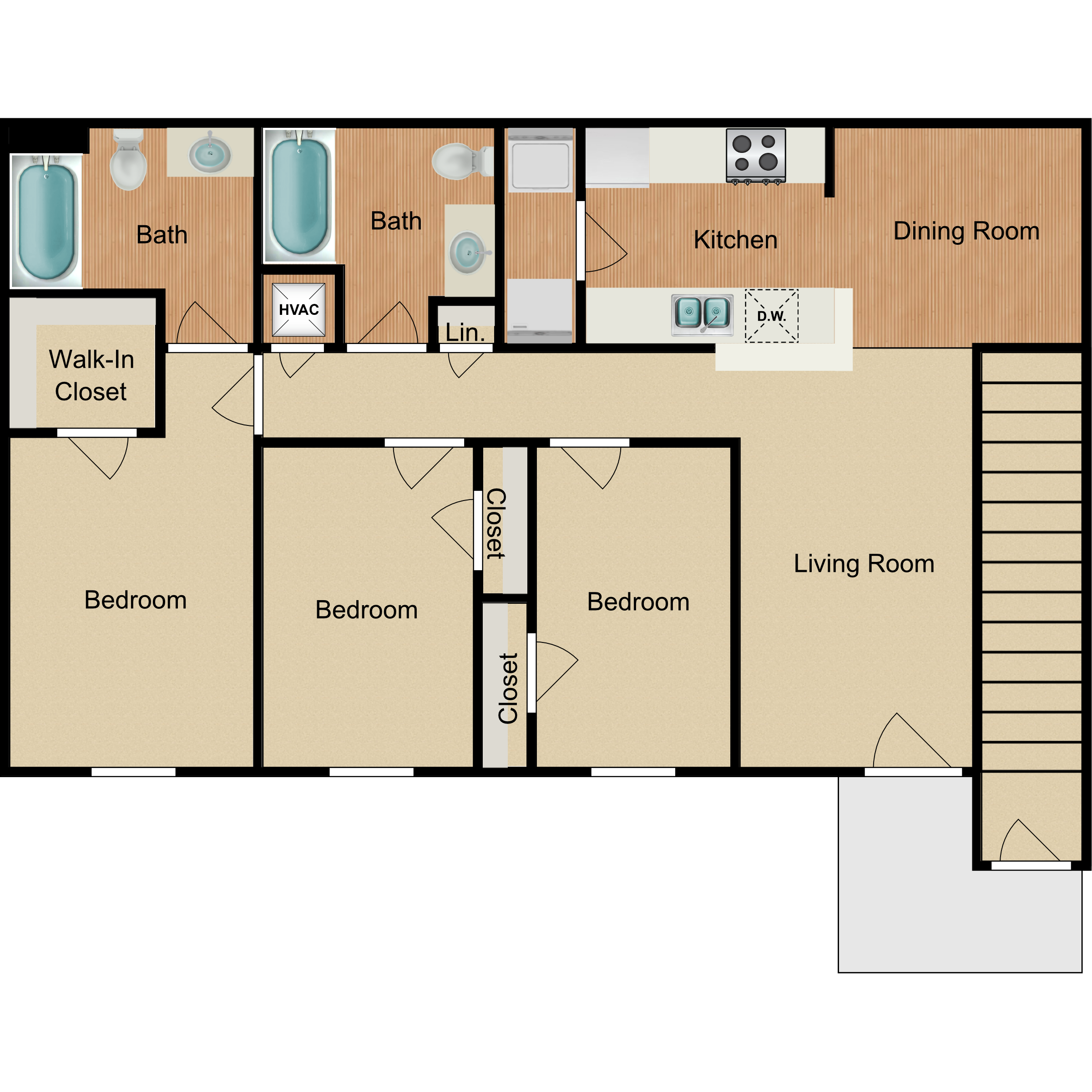 Madison Ridge Apartment three-bedroom two-bathroom floorplan