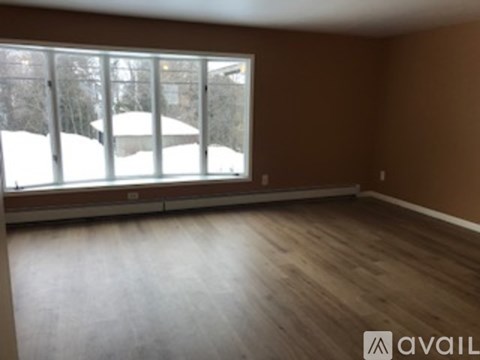 A room with brown walls and wooden flooring, with a large window showing a snowy landscape outside.