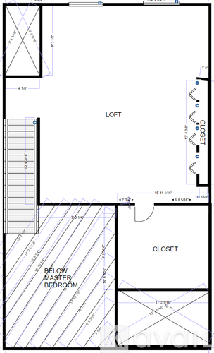 A floor plan of a room with a closet, a bedroom, and a loft.