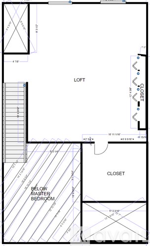 A floor plan of a room with a closet, a bedroom, and a loft.