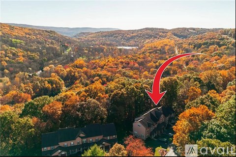 A red arrow points to a house surrounded by trees in a forest.