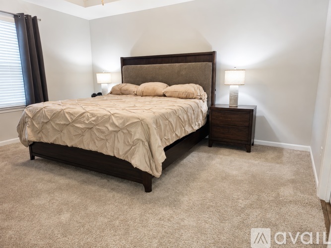 A bedroom with a bed, nightstand, and carpet.