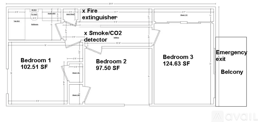 A floor plan of a house with three bedrooms and an emergency exit.