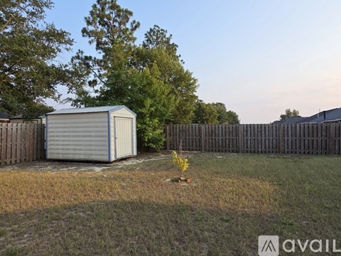 A backyard with a shed and a fence.