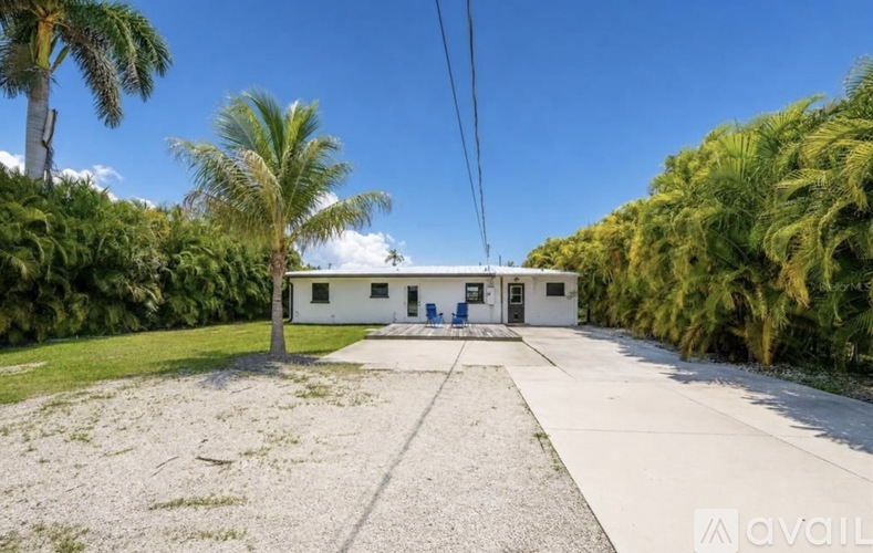 A white building with a blue door is surrounded by palm trees.