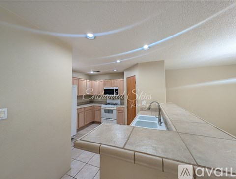A kitchen with a sink and a counter is available for rent.