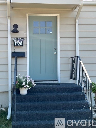A blue door with a mailbox on the left and a flower pot on the stairs.