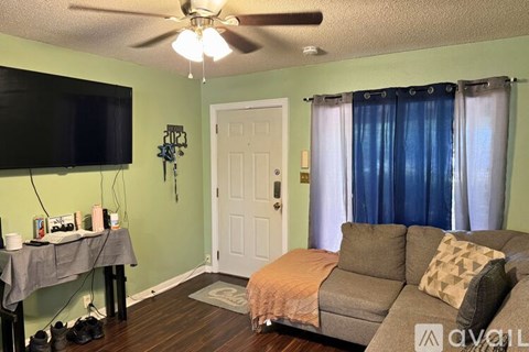 A living room with a grey couch and a black television.