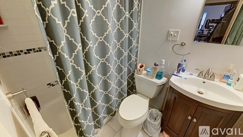 A bathroom with a toilet, sink, and shower curtain.